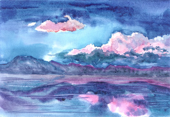 Hand drawn watercolor background. Landscape of pink sunrise, sunset, mountains and reflection on the water. Design for cover page, banner, booklet, landing page