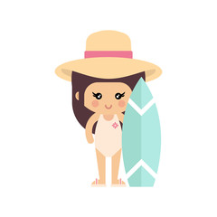 cartoon summer girl in a swimsuit and hat with surfboard