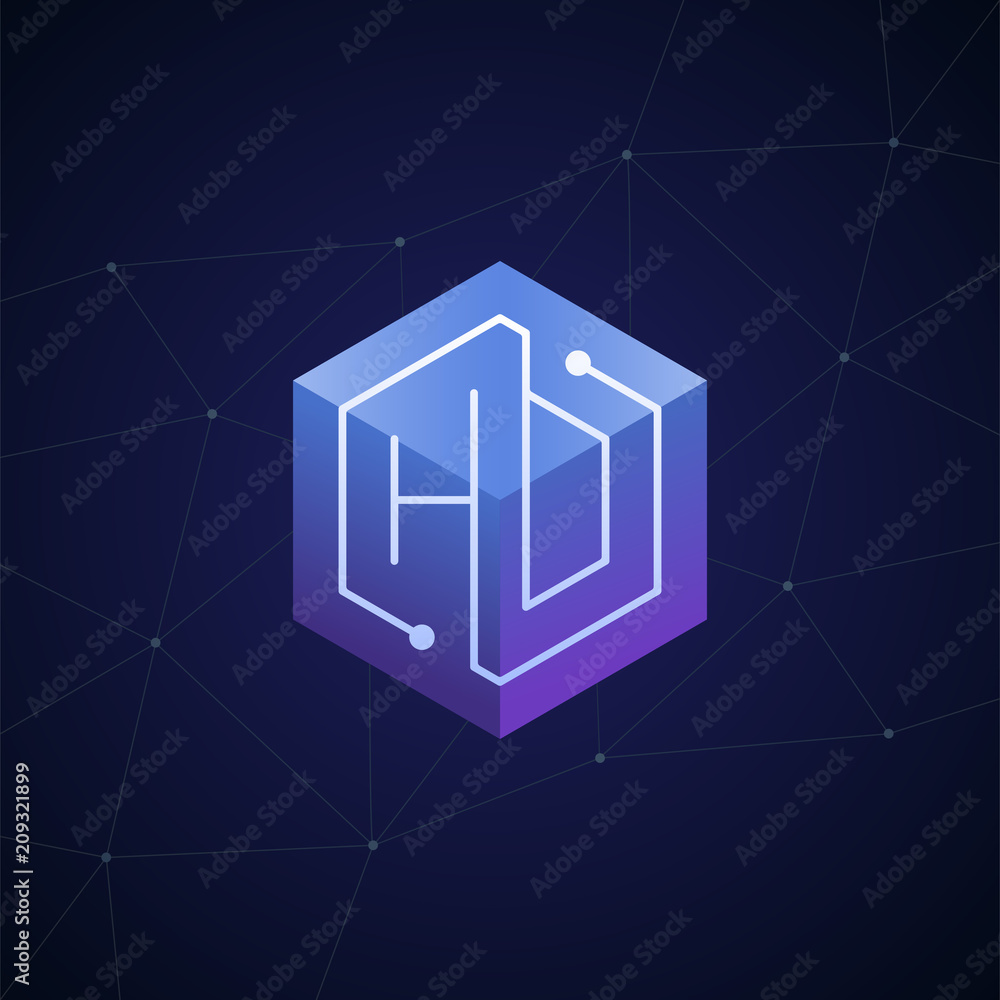 Wall mural Initial letter HD, HO, block chain, looping mono line circuit letter on hexagon cube logo, blue magenta gradient color on black blue network background