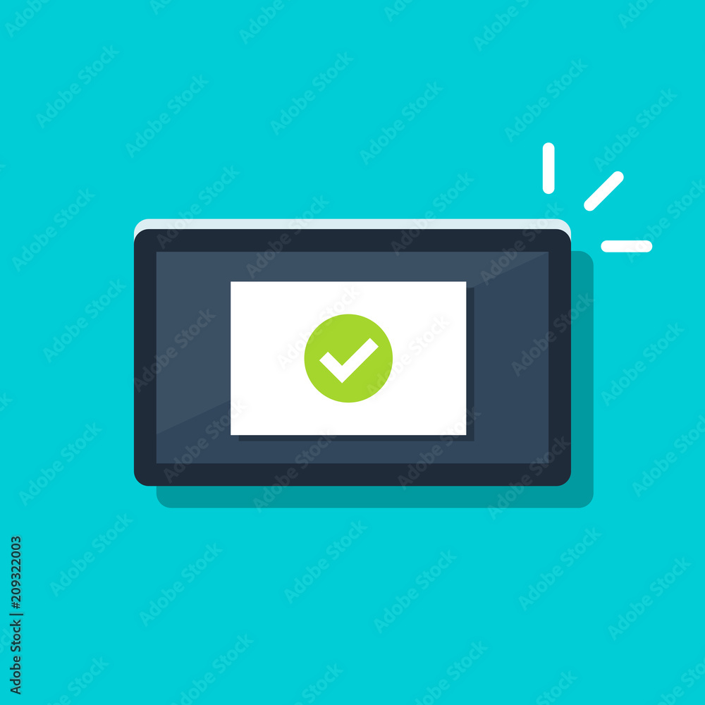 Aufkleber tablet with checkmark or tick notification vector illustration, flat design of device with approved 