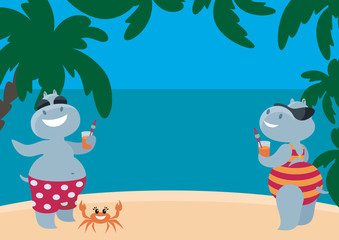 The vector image of the amusing hippopotamuses having a rest on the beach. A children's background in cartoon style.