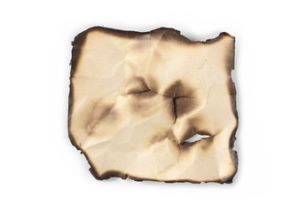 Burned old paper, cardboard isolated on white background, top view