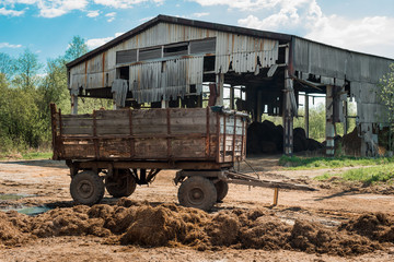 Old wooden wagon in front of an abandoned countryside barn. Destruction and decline of small peasant farms