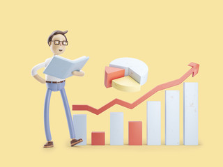 3d illustration. Businessman Jimmy is engaged in analytics.