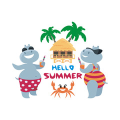 The vector image of the amusing hippopotamuses having a rest on the beach. A children's illustration in cartoon style isolated on a white background.