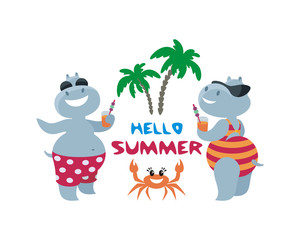 The vector image of the amusing hippopotamuses having a rest on the beach. A children's illustration in cartoon style isolated on a white background.