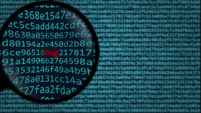 Magnifying glass discovers word bug on computer screen. Programming related search conceptual animation