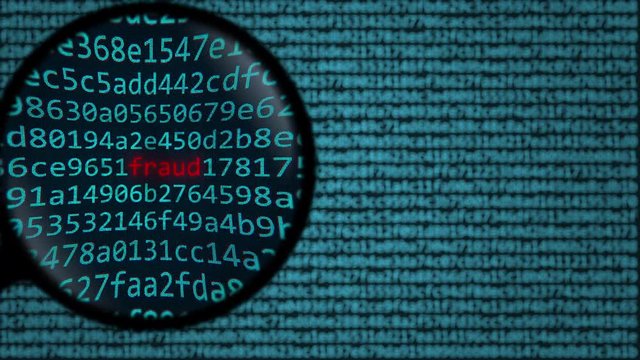 Magnifying glass discovers word fraud on computer screen. Security related search conceptual animation