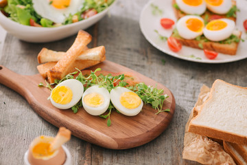 Various ways of cooking chicken eggs. Breakfast with eggs.