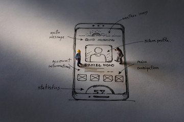 User Experience Concept. present by two Miniature Figure of Businessman standing on Paper of...