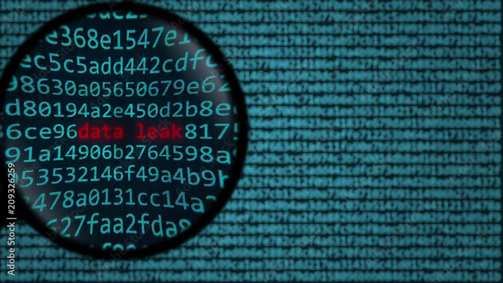Aufkleber magnifying glass discovers words data leak on computer screen. security related search conceptual an