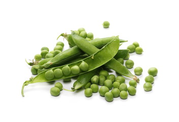 Fresh green peas with pods isolated on white background