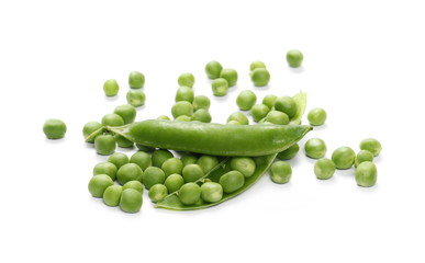 Fresh green peas with pods isolated on white background