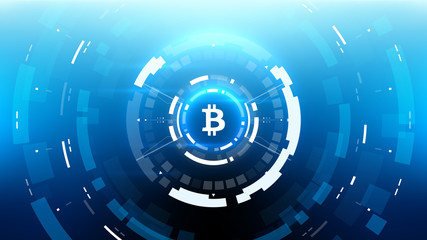Bitcoin cryprocurrency futuristic vector illustration for background, HUD, graphical user interface, banner, business and finance infographics and more. Worldwide digital money blockchain system