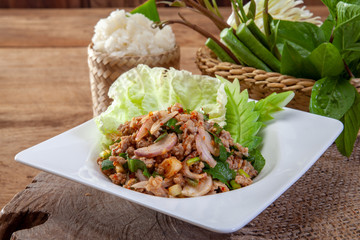 spicy minced pork salad, minced pork mash with spicy, Thai food