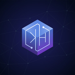 Initial letter KH, block chain, looping mono line circuit letter on hexagon cube logo, blue magenta gradient color on black blue network background
