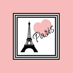 Paris text design illustration with Eiffel Tower and pink heart decoration in black and white frame on pink background