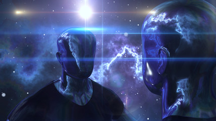 Obraz na płótnie Canvas Two cyborg men are in the black universe