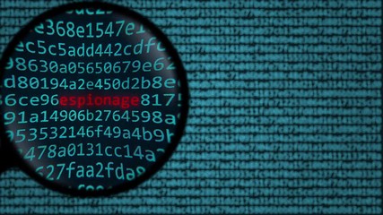 Magnifying glass discovers word espionage on computer screen. Security related search conceptual animation