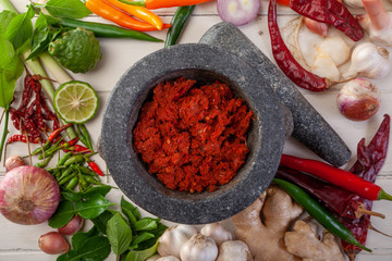 Thai Red curry paste with ingredient - obrazy, fototapety, plakaty