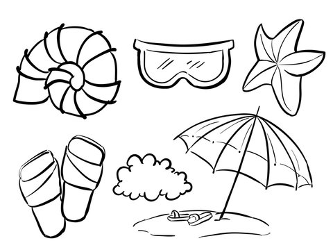 Set doodle line stickers of summer items