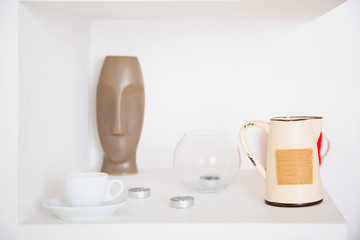 art decor white design objects, pitcher, vase, Cup, candles