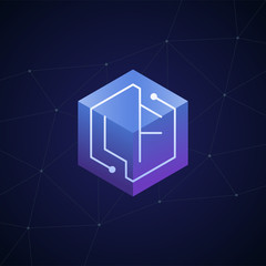 Initial letter LF, block chain, looping mono line circuit letter on hexagon cube logo, blue magenta gradient color on black blue network background