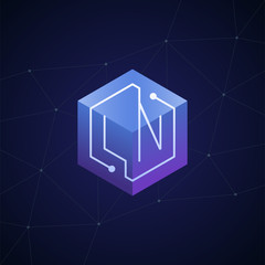 Initial letter LN, block chain, looping mono line circuit letter on hexagon cube logo, blue magenta gradient color on black blue network background