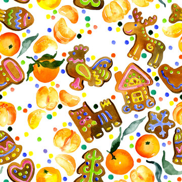 Ritual, traditional, festive, Easter, fruity pattern. Seamless, isolated wallpaper. Delicious biscuit, fragrant biscuits, juicy gingerbreads, fresh mandarin fruit. Watercolor. Illustration