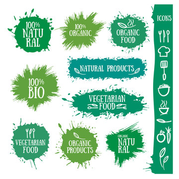 Badges and logos for organic designs. Icons food, vegetables and kitchen cutlery. Green splash.