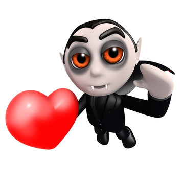3d Funny cartoon dracula vampire character holding a human heart