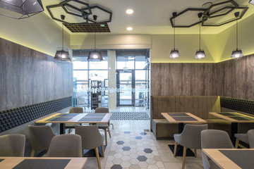 Interior of restaurant. Wooden design. Modern style.