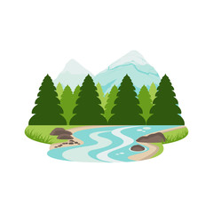 River Stream in Pine Forest Mountain Landscape Vector