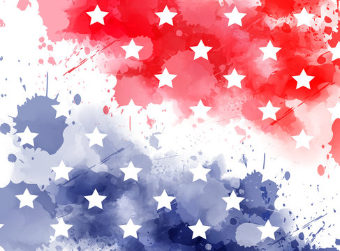 Abstract background with watercolor splashes in flag colors for USA. Template background for national holidays - Independence day, Memorial day, Labor day etc. Blue and red colored with stars.