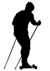 Naklejka premium Young athlete with roller skis on a white background