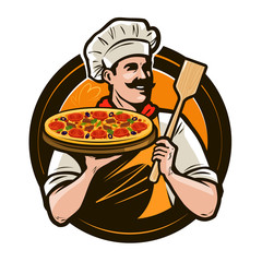 Pizzeria, fast food logo or label. Happy chef holding pizza and scapula in hands. Vector illustration