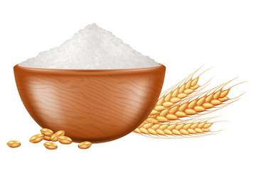 Wooden bowl with flour and wheat grain. Vector illustration.