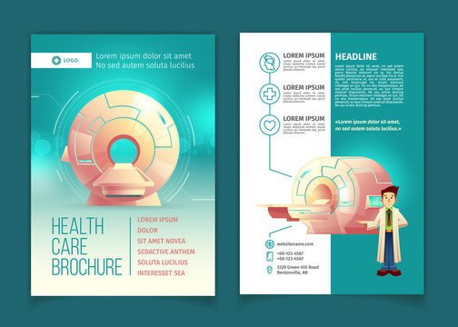 Vector medical examination brochure, health care concept with cartoon MRI scanner for tomography and doctor. Booklet, advertising flyer with diagnostic in hospitals, clinics. Modern technologies.