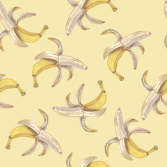 Obraz premium Seamless pattern of bananas on yellow background. Watercolor.