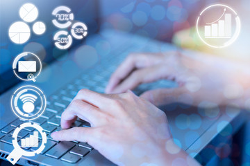 Naklejka premium Double exposure of Touching laptop and new icon for modern business with abstract background