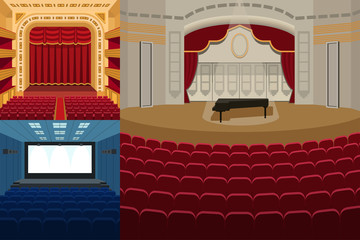 Theater stage with curtains entertainment spotlights theatrical scene interior old opera performance background vector illustration. © partyvector