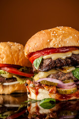 Close-up of homemade American hamburgers, burgers. The concept of European street food. The background image. Copy space