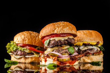 Close-up of homemade American hamburgers, burgers. The concept of European street food. The background image. Copy space