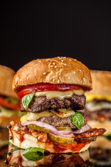 Close-up of homemade American hamburgers, burgers. The concept of European street food. The background image. Copy space