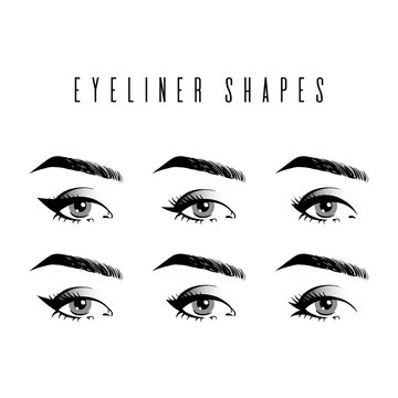 Eyeliner shapes. Various types of eyeliner, womens eyes, white background. Set of different vector eyeliner shapes. Cosmetic makeup. Collection of illustrations with captions. Makeup type info graphic