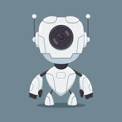 Cute white robot with lens vector flat cartoon character isolated on background.