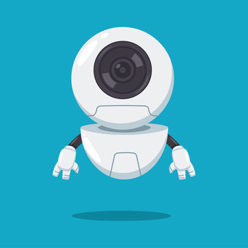 Cute Flying Robot With Lens Vector Flat Cartoon Character Isolated On Background.