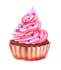 cupcake with pink cream and decoration, hand drawn watercolor illustration isolated on white background