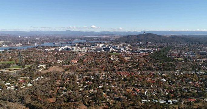 Suburbs Of Canberra City From CBD To Capitol Hill And International Airport In Elevated Aerial Panning.
