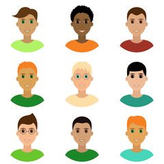 Cute children male avatar set. Boys, youngsters, teenagers. Diverse kids faces, different haircuts. Vector clipart illustration isolated on white background